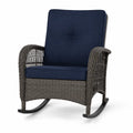 Chaise à bascule en résine tressée gris avec coussin bleu en polyester