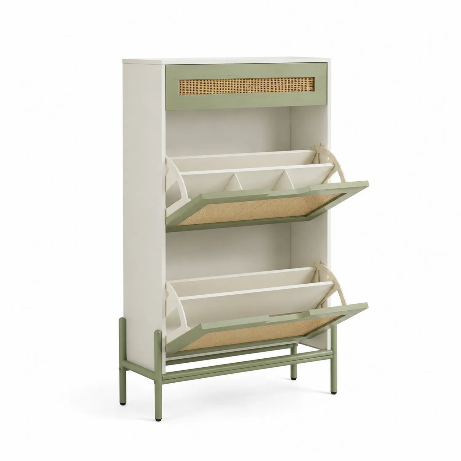 Meuble à chaussures en bois et rotin vert 3 étagères 60x24x120cm