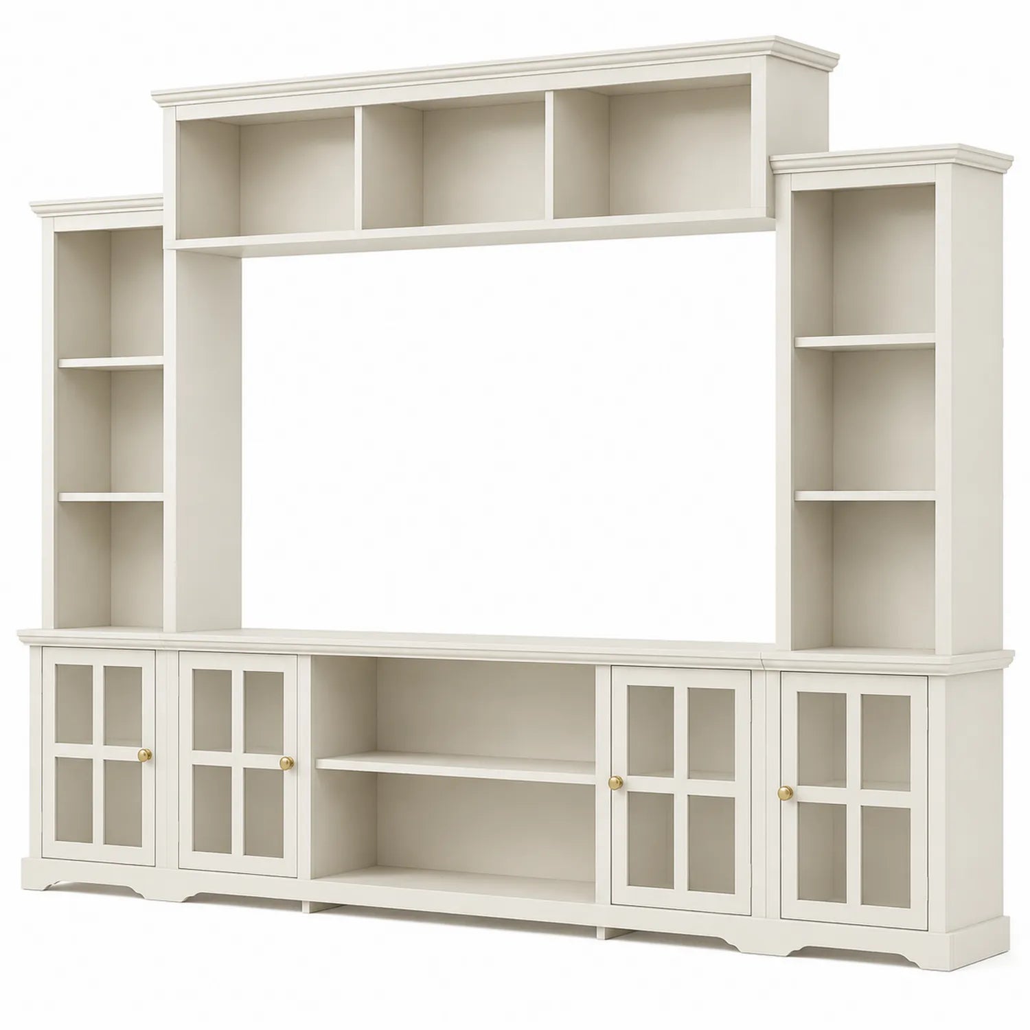Meuble TV en Bois avec Étagères et Portes Vitrées - Blanc