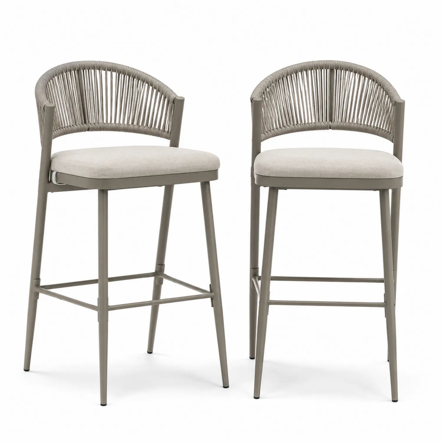 Tabourets de bar en métal avec dossier en corde et coussins beiges 65cm