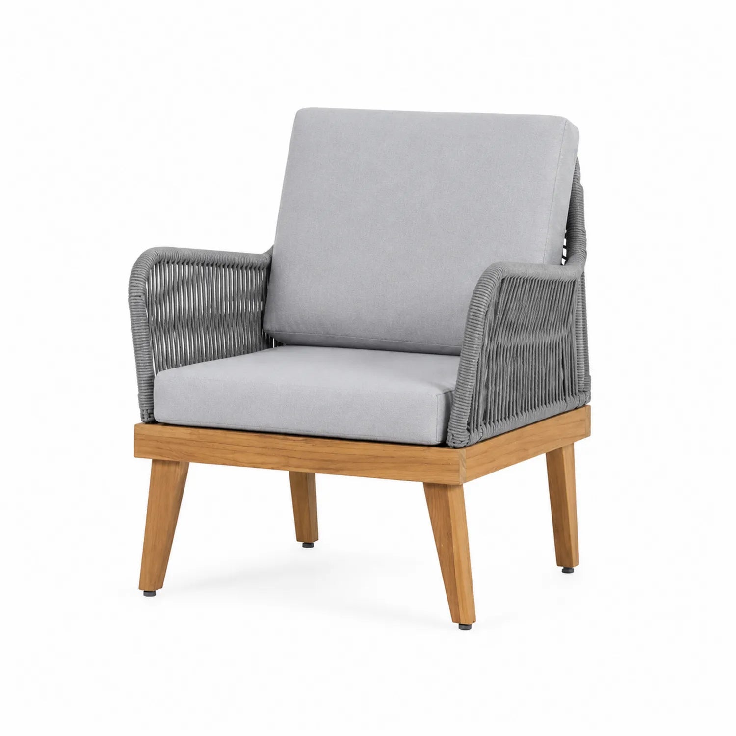 Fauteuil d'extérieur en bois et corde grise avec coussins gris