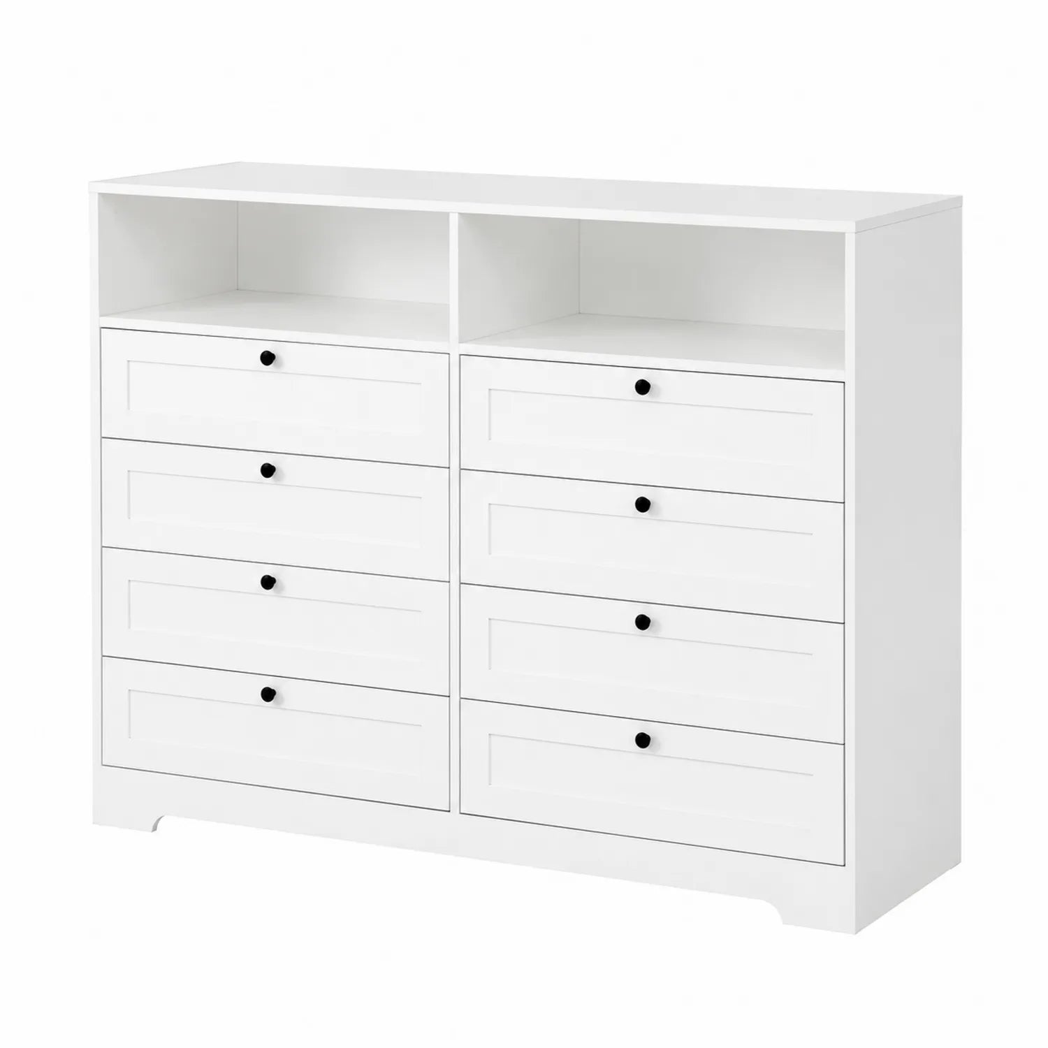 Commode à 10 tiroirs en bois blanc avec étagères ouvertes